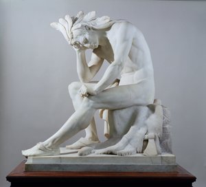 Indián: Umírající náčelník přemítající o pokroku civilizace, 1856 (mramor a dřevo)
